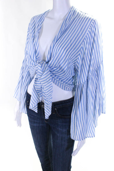 Elan Women's Bell Sleeves Wrap Blouse Blue Stripe One Size