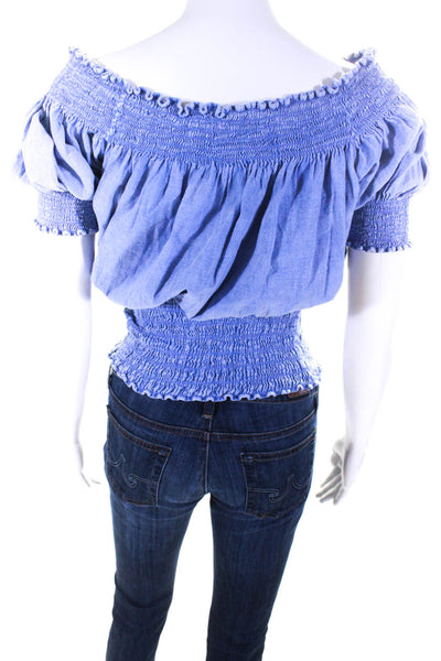 Giocam Women's Off The Shoulder Short Sleeves Smocked Waist Blouse Blue Size XL