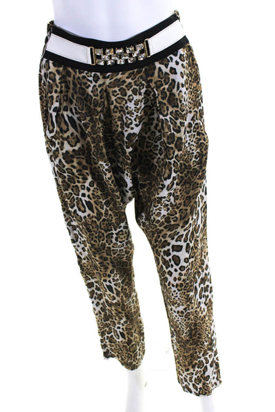Gizia Womens Elastic Belted Leopard Print Harem Pants Trousers Brown Size 36