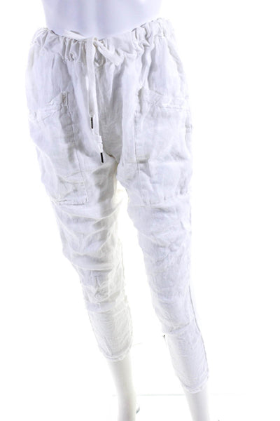 Brand Bazar Womens Cotton Linen Elastic Tapered Drawstring Pants White Size XS