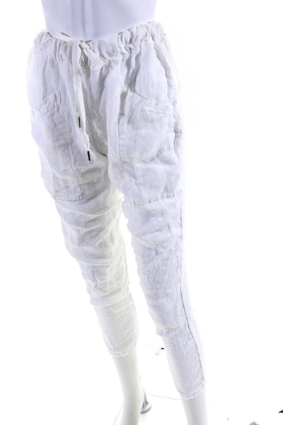 Brand Bazar Womens Cotton Linen Elastic Tapered Drawstring Pants White Size XS