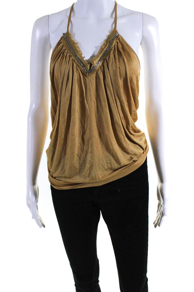 Gizia Womens Silk Sleeveless Open Back Rhinestone Trim Blouse Top Gold Size 36