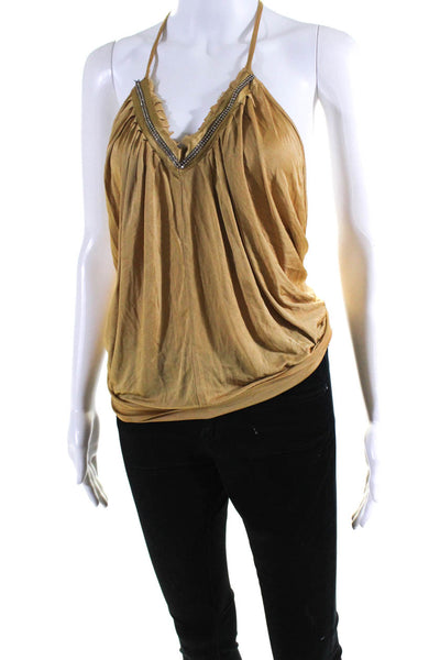 Gizia Womens Silk Sleeveless Open Back Rhinestone Trim Blouse Top Gold Size 36