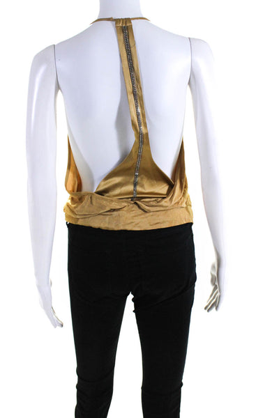 Gizia Womens Silk Sleeveless Open Back Rhinestone Trim Blouse Top Gold Size 36