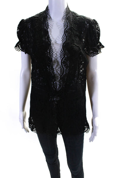 Peter Nygard Women's Open Front Short Sleeves Lace Blouse Black Size 12