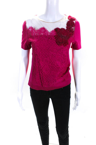 Alberta Ferretti Womens Knit Sequin Floral Accent Short Sleeve Shirt Pink Size S