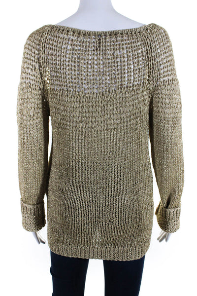 Tamara Mellon Womens Scoop Neck Metallic Open Knit Sweater Gold Tone Size Small