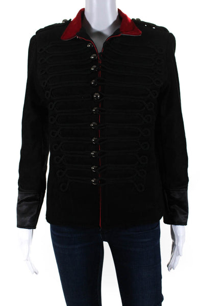 Designer Womens Button Front Embroidered Collar Coat Black Wool Size Small