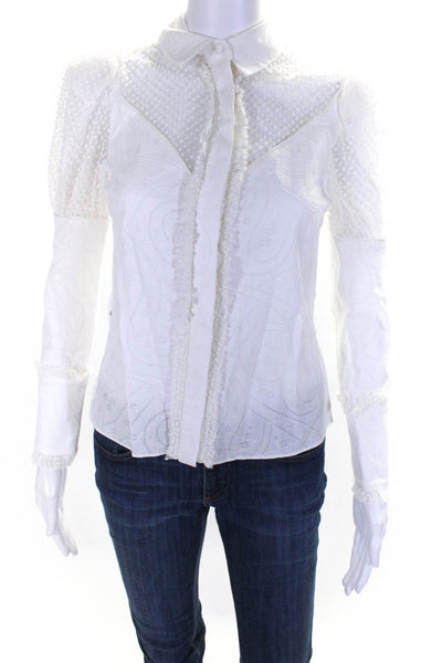 Alexis Womens Button Front Long Sleeve Collared Mesh Trim Shirt White Size XS