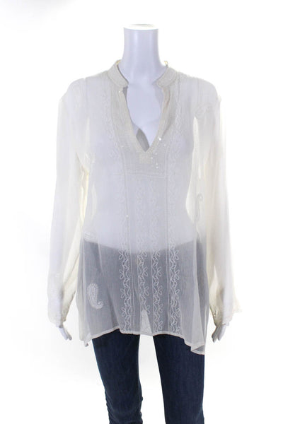 Chicos Women's Round Neck Long Sleeves Embellish Sequin Blouse White Size 1