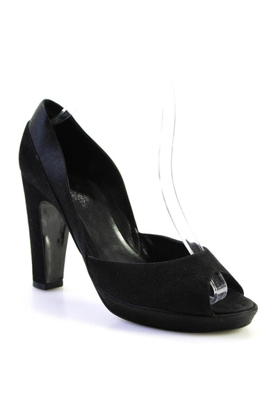 Hermes Womens Suede Peep Toe Darted Slip-On Block Heels Pumps Black Size EUR37.5