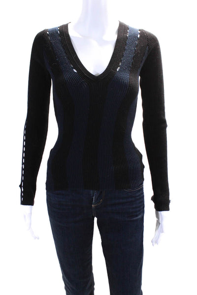 Autumn Cashmere Womens Ribbed V Neck Sweater Black Navy Blue Size Extra Small
