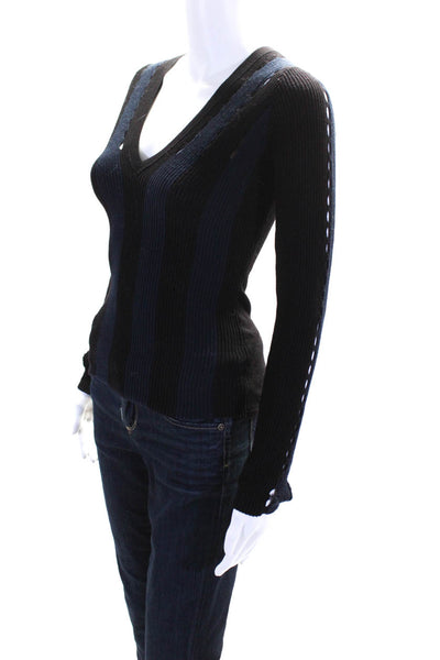 Autumn Cashmere Womens Ribbed V Neck Sweater Black Navy Blue Size Extra Small