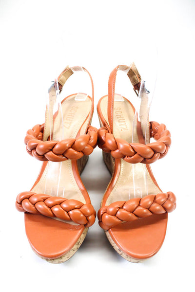 Schutz Womens Braided Leather Slingback Platform Wedges Orange Brown Size 5