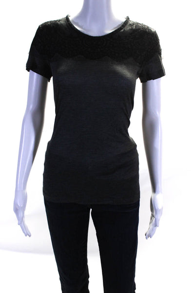 Jason Wu Womens Gray Lace Trim Crew Neck Short Sleeve Blouse Top Size S