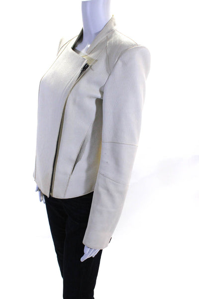 Helmut Lang Womens Front Zip Crew Neck Grain Leather Jacket White Size Medium