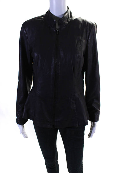 Badgley Mischka Womens Leather Flared Hem Full Zip Collared Jacket Purple Size M