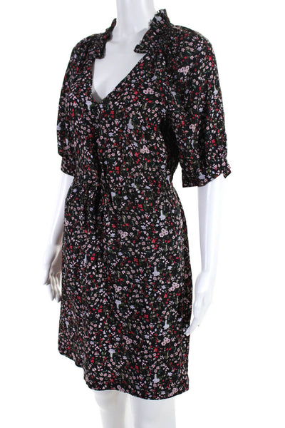 Rebecca Taylor Womens Silk Short Sleeve Floral Drawstring Dress Black Size 0