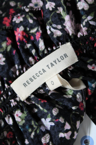 Rebecca Taylor Womens Silk Short Sleeve Floral Drawstring Dress Black Size 0