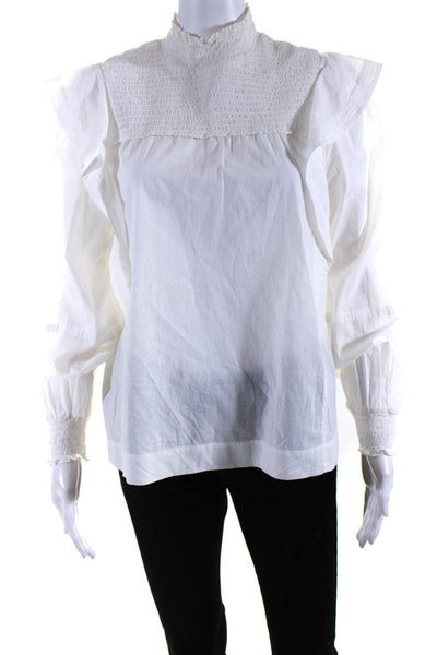 ALC Womens Long Sleeve Smocked Trim Crew Neck Shirt White Cotton Size 6