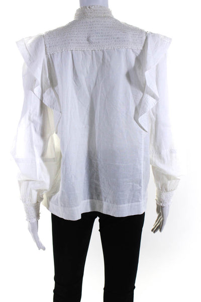 ALC Womens Long Sleeve Smocked Trim Crew Neck Shirt White Cotton Size 6