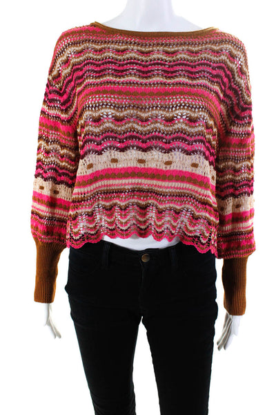 Zara Womens Pink Open Knit Cotton Long Sleeve Pullover Sweater Top Size M