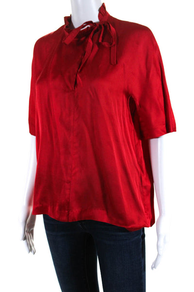 Sandro Womens Satin Ruffled V-Neck Tie Front Short Sleeve Blouse Top Red Size 3