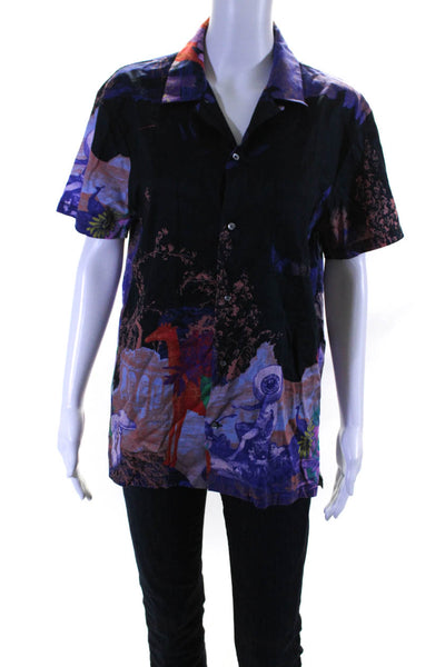 Double Rainbouu Womens Button Front Abstract Shirt Black Purple Multi Size XS
