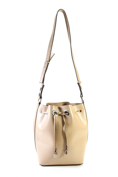 Zara Womens Leather Bow Tied Drawstring Open Shoulder Bucket Handbag Beige