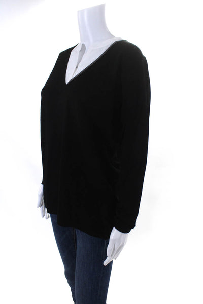 Donna Effe Womens Knit V-Neck 1/2 Button Up Long Sleeve Sweater Top Black Size M