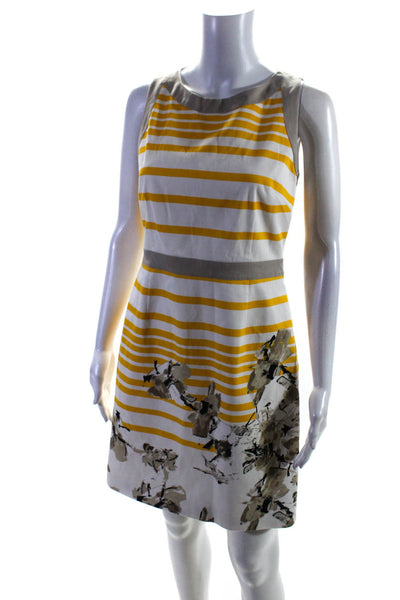 Trina Turk Womens Back Zip Crew Neck Striped Sheath Dress White Yellow Size 6