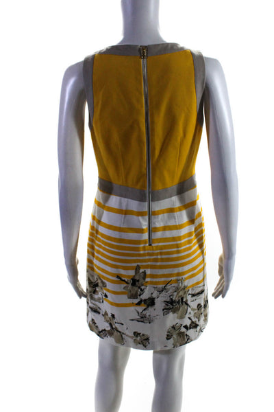 Trina Turk Womens Back Zip Crew Neck Striped Sheath Dress White Yellow Size 6