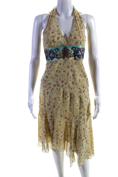 Nicole Miller Collection Womens Embroidered Floral Halter Silk Dress Yellow 4
