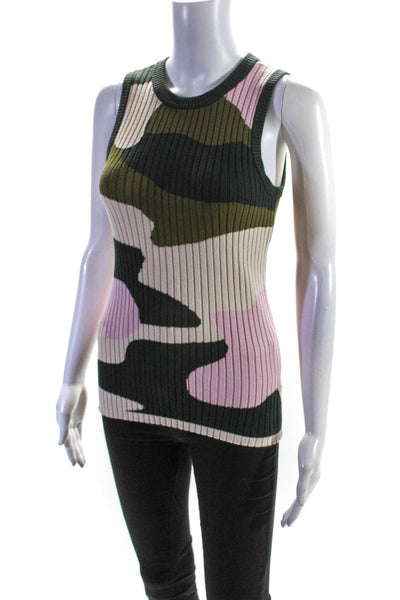 Minnie Rose Womens Ribbed Camouflage Textured Sleeveless Tank Top Green Size S