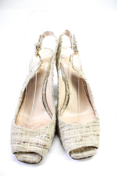 Prada Womens Cotton Tweed Peep Toe Wedge Heel Slingbacks Beige Size 8.5US 38.5EU