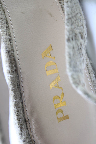 Prada Womens Cotton Tweed Peep Toe Wedge Heel Slingbacks Beige Size 8.5US 38.5EU