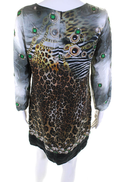Gizia Women's Silk Long Sleeve Animal Print Shift Dress Gray Size 36