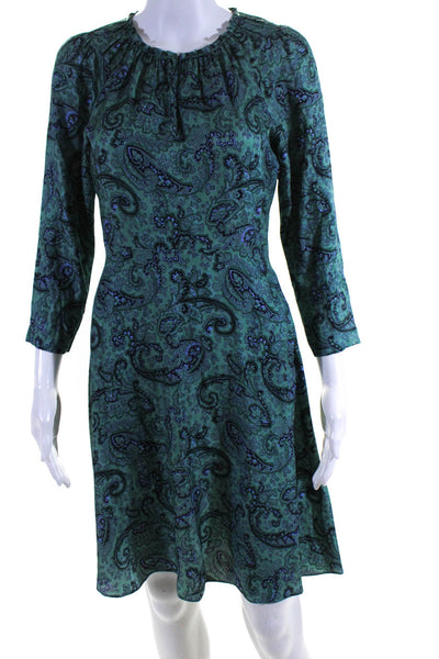 Tailored Rebecca Taylor Womens Silk Paisley Print A-Line Dress Green Blue Size 0
