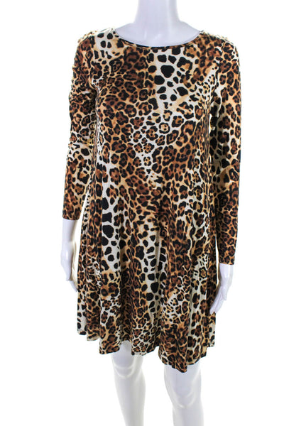 Ellelauri Women's Long Sleeve Leopard Print Shift Dress Brown Size L