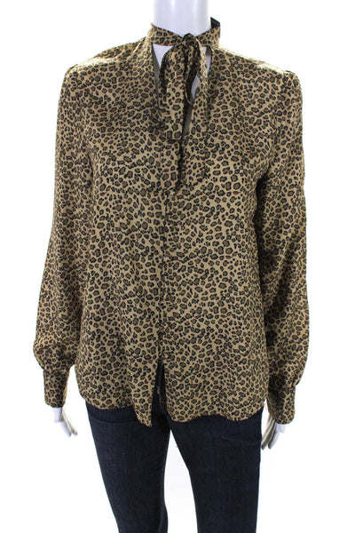 Ellelauri Womens Long Sleeve Leopard Print V-Neck Tie Collar Blouse Brown Size S