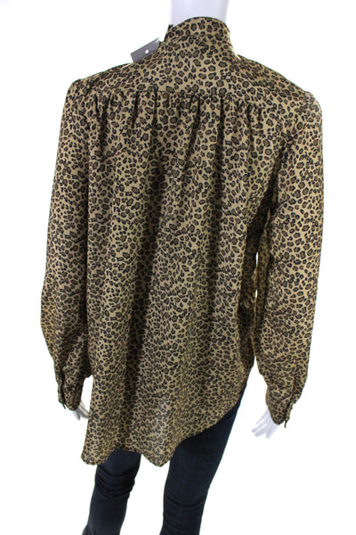 Ellelauri Womens Long Sleeve Leopard Print V-Neck Tie Collar Blouse Brown Size S