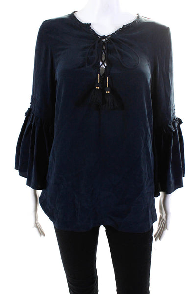 Figue Womens Silk Tied Tassel Pleated Flare Sleeve V-Neck Blouse Top Navy Size S