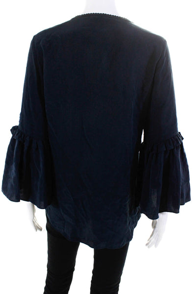 Figue Womens Silk Tied Tassel Pleated Flare Sleeve V-Neck Blouse Top Navy Size S