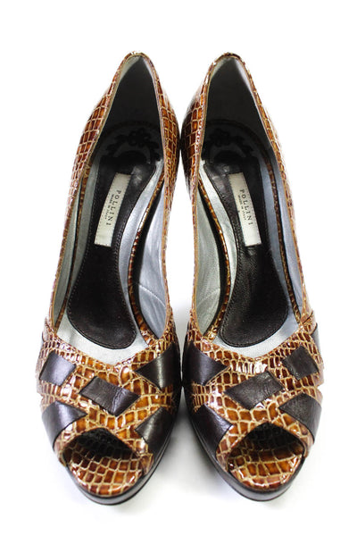 Pollini Womens Embossed Leather Peep Toe Pumps Brown Size 37.5 7.5