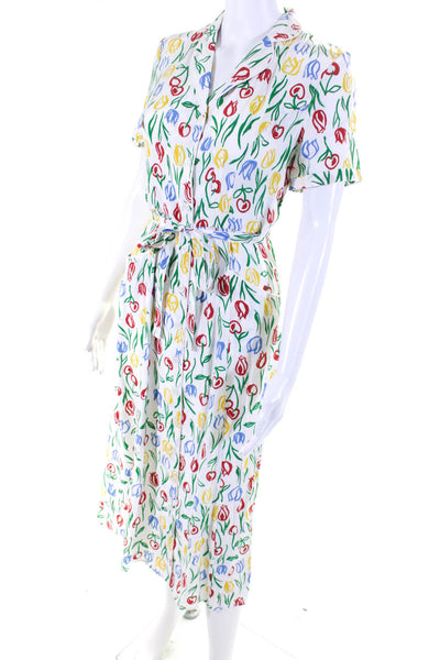 HVN Womens Button Front Belted Tulip Silk Midi Dress White Multi Size 2