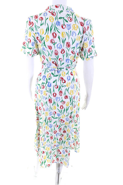 HVN Womens Button Front Belted Tulip Silk Midi Dress White Multi Size 2
