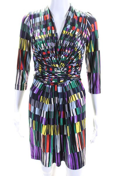 BCBGMaxazria Women's V-Neck 3/4 Sleeve Abstract Print Wrap Dress Multicolor Size