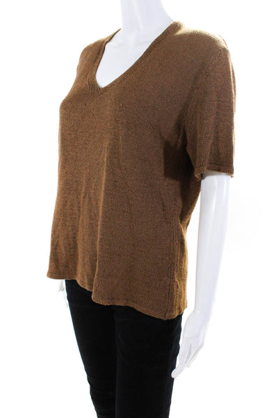 Burberrys Womens Tight Knit Relaxed Short Sleeve V Neck Sweater Top Brown Size M
