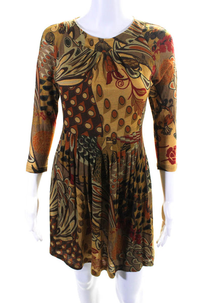 Searle Womens Abstract Print Long Sleeved Pleated Dress Brown Orange Size 4