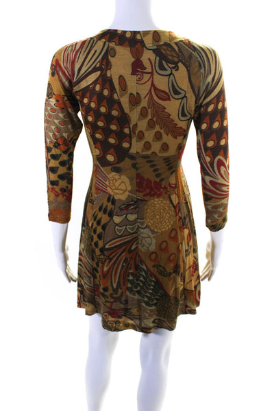 Searle Womens Abstract Print Long Sleeved Pleated Dress Brown Orange Size 4